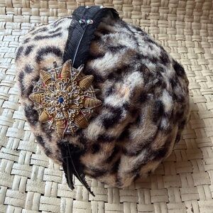 VTG Leopard Print Fur Hat with feather/ embellishment’s